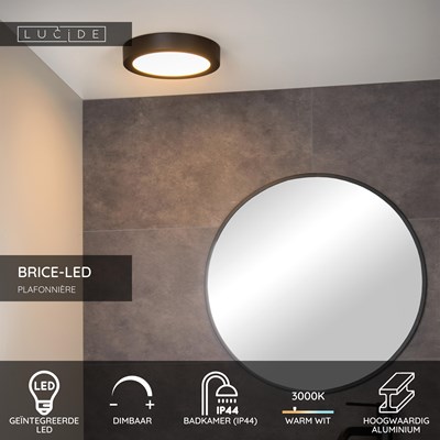 Lucide BRICE-LED - Plafonnière Badkamer - Ø 24 cm - LED Dimb. - 1x15W 3000K - IP44 - Zwart